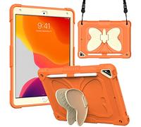 BAUBEY Case for 10.2 inch iPad 2021 9th & 8th & 7th Gen, Air 3, Pro 10.5, Silicone Case with Shoulder Strap for Kids, Cute Shockproof Protective Butterfly Foldable Stand Cover (Beige+Orange)