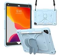 BAUBEY Case for 10.2 inch iPad 2021 9th & 8th & 7th Gen, Air 3, Pro 10.5, Silicone Case with Shoulder Strap for Kids, Cute Shockproof Protective Butterfly Foldable Stand Cover (Light Blue)