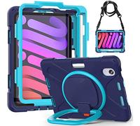 BAUBEY Case for 2021 iPad Mini 6 Case Cover 8.3 inch with Pencil Holder, iPad Mini 6th Generation Case with Hand Strap, Protective Case with Shoulder Strap for iPad Mini 6 (Navy Blue+Blue)