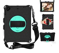 BAUBEY Case for iPad Air 2/iPad 9.7 2017/2018/Pro 9.7, iPad 5th/6th Generation Case,Drop & Shockproof Hybrid Case with 360 Rotating Stand Hand Strap Shoulder Strap Kids Tablet Cover (Black+Aqua)