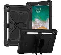 BAUBEY Case for iPad Air 2/iPad 9.7 2017/2018/Pro 9.7, iPad 5th/6th Generation Case with Shoulder Strap, Shockproof Protective Butterfly Foldable Stand Cover with Pen Slot (Black)
