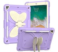 BAUBEY Case for iPad Air 2/iPad 9.7 2017/2018/Pro 9.7, iPad 5th/6th Generation Case with Shoulder Strap, Shockproof Protective Butterfly Foldable Stand Cover with Pen Slot (Beige+Purple)