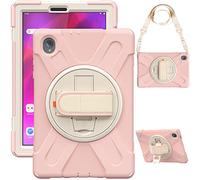 BAUBEY Case for Lenovo Tab K10 (TB-X6C6X) / Lenovo Tab M10 Plus (TB-X606X / TB-X606F), Heavy Duty Rugged Shockproof Cover with Rotatable Kickstand & Hand Strap & Shoulder Strap (Pink)