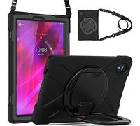 BAUBEY Case for Lenovo Tab K10 (TB-X6C6X) / Lenovo Tab M10 Plus (TB-X606X / TB-X606F), Heavy Duty Rugged Shockproof Protective Cover with Rotatable Folding Hand Grip & Shoulder Strap (Black+Black)