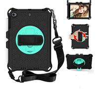BAUBEY iPad Mini 5 Case, iPad Mini 4 Case,Drop & Shockproof Hybrid Case with 360 Rotating Stand Hand Strap Shoulder Strap Kids Tablet Cover for Apple iPad Mini 5 / iPad Mini 4 (Black+Aqua)