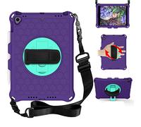 BAUBEY Kids Case for iPad 10.2 2020/2019 / iPad Air 10.5 2019 / iPad Pro 10.5,Drop & Shockproof Hybrid Case with 360 Rotating Stand Hand Strap Shoulder Strap Kids Tablet Cover (Purple+Aqua)
