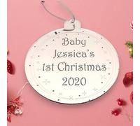 Bauble "Baby's 1st Christmas" Personalised Engraved Christmas Tree Decorations, Many Colours & Sizes (Blue Mirror, 8.5cm)