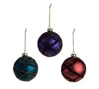 Bauble Glass Tartan Glitter 3 Ast 3 Pack - Multicolour Assorted Designs
