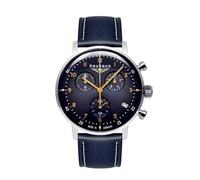 Bauhaus 2096-3 - Men's Chronograph Watch Silver with Blue Leather Strap & Quartz Movement - Made in Germany, Dark blue / dark blue