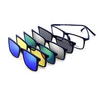 BAUHAUS Magnetic Clip on Sunglasses for Men & Women Polarized UV Protection Retro Square Eyeglasses Fit Over Night Driving, Five-in-one Magnetic Glasses Set - Blue Frame, M