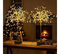 BAUNBRHY Nest and Flowers Table Lights Fireworks,Christams Firework Centerpiece Light, Battery Operated 120 LED Mini Table Starburst Silver Lights (Warm-2pcs)