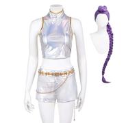 Bauxhie Demon Hunters Costume Rumi Cosplay Golden Outfits Tops Shorts Belt Uniform Suit for Halloween (White + Wig, L)