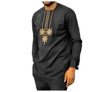 Bauzuoyo African Men's Outfit, 2-Piece Dashiki Suit, Traditional Long Sleeve Shirt and Trousers with Pockets, Gold Embroidery Outfits, Crew Neck Tops, Tribal Ethnic Clothing, 01 black, M