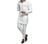 Bauzuoyo African Men's Outfit, 2-Piece Dashiki Suit, Traditional Long Sleeve Shirt and Trousers with Pockets, Gold Embroidery Outfits, Crew Neck Tops, Tribal Ethnic Clothing, 02 white, L