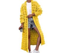 Bauzuoyo Cardigan Women's Long Fringe Knitted Coat with Open Front Winter Warm Long Knitted Jacket Elegant Thick Chunky Knitted Jacket Long Sleeve Cardigan with Shawl Collar Plain, yellow, XL
