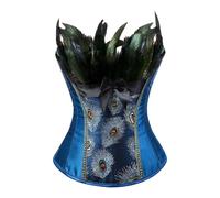 Bauzuoyo Corset Women's Corset in Brocade Style with Feathers Elegant Vintage Gothic Corset Feather Embroidery Costumes Peacock Pattern Bustier Lingerie Carnival Costume Halloween, blue, XXL
