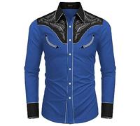 Bauzuoyo Cowboy Shirt Men's Western Lapel Collar Single-Breasted Casual Shirt Oktoberfest Traditional Traditional Embroidered Cowboy Shirts Comfortable Retro Long Sleeve Shirt, T Blue, XXL
