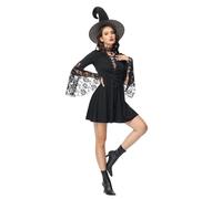 Bauzuoyo Halloween Costume Women's Black Medieval Vintage Gothic Dress Lace Trim Witch Costume Deep V-Neck with Lacing for Cosplay Party Sexy Hollow Mini Dress with Hat