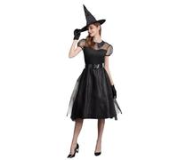 Bauzuoyo Halloween Costume Women's Scary Witch Costume Cosplay Black Witch Dress with Accessories Gothic Vampire Tulle Splicing Dresses Hat Belt Gloves Ghost Bride Carnival Costume
