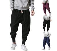 Bauzuoyo Harem Trousers Men's Japanese Plain Casual Trousers Made of Cotton and Linen with Pockets Y2k Harajuku Style Streetwear Goa Trousers Breathable Sports Trousers Jogging Bottoms, A Black, 3XL