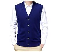 Bauzuoyo Men's Knitted Vest Classic Business Argyle Checked Jacquard V-Neck Camel Autumn Winter Warm Sleeveless Pocket Buttons Cardigan Slipover Vest Pullover Tank Tops, blue, L