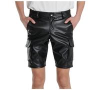 Bauzuoyo Men's PU Leather Shorts Medium Elastic Waist Rave Hot Short Pants Zip Men Sexy Faux Leather Wetlook Shorts with Pockets for Club Party Motor Leather Shorts, black, XL