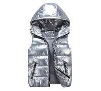 Bauzuoyo Quilted Vest Women's Shiny Sleeveless Down Vest Plain Casual Warm Hooded Jacket with Zip Pocket Winter Jacket Outdoor Casual Short Coat Transition Parka, silver, L
