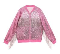 Bauzuoyo Sequin Jacket Men's 70s Disco Party Costume Metallic Baseball Bomber Jacket with Tassel Zip Glitter Blouse for Wedding Carnival Fancy Dress Club and Everyday Use, pink, S