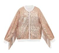 Bauzuoyo Sequin Jacket Men's 70s Disco Party Costume Metallic Baseball Bomber Jacket with Tassel Zip Glitter Blouse for Wedding Carnival Fancy Dress Club and Everyday Use, Rose Gold, XXL