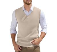Bauzuoyo Sweater Vest Men's Sleeveless Knitted Vest V-Neck Knitted Pullover Vintage Spring Plain Comfort Fit Basic Vest Knitted Vest Under Suit Jacket Elegant Business Office, beige, L