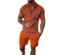 Bauzuoyo Tracksuit for Men Summer Sports Suit 2-Piece Outfit Set Short Sleeve Sports Suit Print Polo Shirts Retro Plus Size Suit Summer Trousers Men Tracksuit Jogging Suit, A orange, XL