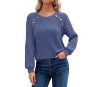 Bauzuoyo Women's Autumn Knitted Jumper Lace Splicing Blouses with Buttons Oversize Plain Elegant Round Neck Thin Long Sleeve Jumper Soft Knit Sweater Warm Winter Jumper, Blue 2, L