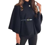 Bauzuoyo Women's Cape Elegant Winter Poncho with Batwing Sleeves and Belt Plain Turtleneck Poncho with Button Placket Short Wool Coat Loose Fashion Leisure Outdoor Warm Scarf Tunics, black, M