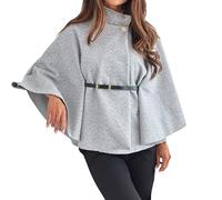 Bauzuoyo Women's Cape Elegant Winter Poncho with Batwing Sleeves and Belt Plain Turtleneck Poncho with Button Placket Short Wool Coat Loose Fashion Leisure Outdoor Warm Scarf Tunics, gray, M