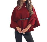 Bauzuoyo Women's Cape Elegant Winter Poncho with Batwing Sleeves and Belt Plain Turtleneck Poncho with Button Placket Short Wool Coat Loose Fashion Leisure Outdoor Warm Scarf Tunics, red, S