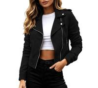 Bauzuoyo Women's Short Cropped Motorcycle Biker Jacket Y2k Western Vintage Transition Jacket Zip Lightweight Pilot Jacket Lapel Collar Slim Fit Suede Jacket for Spring Summer, black, S
