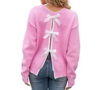Bauzuoyo Y2K Women's Long Sleeve Knitted Jumper with Bow on the Back Pullover Y2K Sexy Casual Sweatshirt Crew Neck Casual Loose Top Warm Winter Sweater Classic Elegant Long Sleeve Shirt, pink, XL