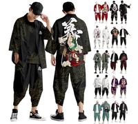 Bauzuoyo Yukata Men's Kimono Women's Japanese Traditional Samurai Costume Short Bathrobe Two Piece Leisure Suit in Plus Size Taoist Clothing Funky Colourful Print Loose Cardigan Shorts Set, A1 BLACK