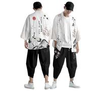 Bauzuoyo Yukata Men's Kimono Women's Japanese Traditional Samurai Costume Short Bathrobe Two Piece Leisure Suit in Plus Size Taoist Clothing Funky Colourful Print Loose Cardigan Shorts Set, lightgrey