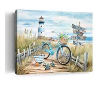 BAVEQAS Beach Canvas Wall Art Lighthouse Vintage Bicycle Decor Blue Ocean Pictures Bathroom Framed Canvas Print Modern Coastal Wall Decor Painting for Home office 12X16 Inch