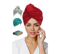BAVIN Luxury Hair Towel Wrap Quick Magic Dry Towelling Hair Turban Hat 100% Cotton Water Absorbent Drying Caps with Loop and Button Fastener- Size 62x23cm Pack of 2 - Red