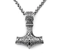BAVIPOWER Norse Thor Hammer Necklace For Men Mjolnir Pendant Double Wolf Head Fenrir Stainless Steel Keel Chain Viking Jewelry, Metal