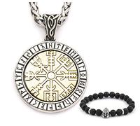 Bavipower Scandinavian Viking Compass Helm of Awe Aegishjalmur Pendant Stainless Steel Necklace Powerful Protection Amulet Talisman, Metal, n