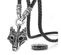 BAVIPOWER Wolf Head Pendant with Braided Leather Necklace Stainless Steel Nordic Scandinavian Necklace Authentic Viking Jewelry, Metal