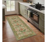 Bavni 2.5x6 Green & Orange Vintage Floral Runner Rug, Washable for Kitchen | Low-pile microfiber surface, non-slip backing, lightweight design, easy vacuuming; hallways, entryways and laundry rooms.