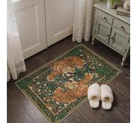 Bavni 2x4 Tiger Small Rug for Entryway Washable Door Mat Indoor Non Slip | Vintage Oriental Boho Soft Thin Stain Resistant, Green, Low Pile Botanical Animal Print Carpet for Front Bathroom Kitchen