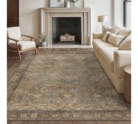 Bavni Washable Rugs 8x10 Area Rug for Living Room Bedroom, Washable Brown Rug Vintage Print Carpet, Ultra-Thin Chenille Low Pile Lightweight Mat with Non Slip Backing, Warm Taupe
