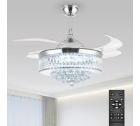 Bavnnro 36'' Fandelier Ceiling Fans with Light, Silver Retractable Crystal Chandelier Fan, Reversible, Remote Control, Dimmable Ceiling Light Kits for Dining Living Room, Bedroom