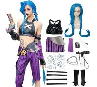 BAWKGDB Cosplay Costume with Long Blue Wig Accessories, Black Gloves Belt, Tattoo Stickers Women'S Anime Halloween Set (Purple+wig, L)