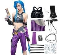 BAWKGDB Cosplay Costume with Long Blue Wig Accessories, Black Gloves Belt, Tattoo Stickers Women'S Anime Halloween Set (Purple, XS)